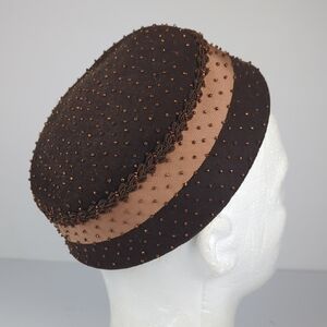 SCHIAPARELLI Vintage 1950s Beautiful Brown Beaded Pillbox Hat